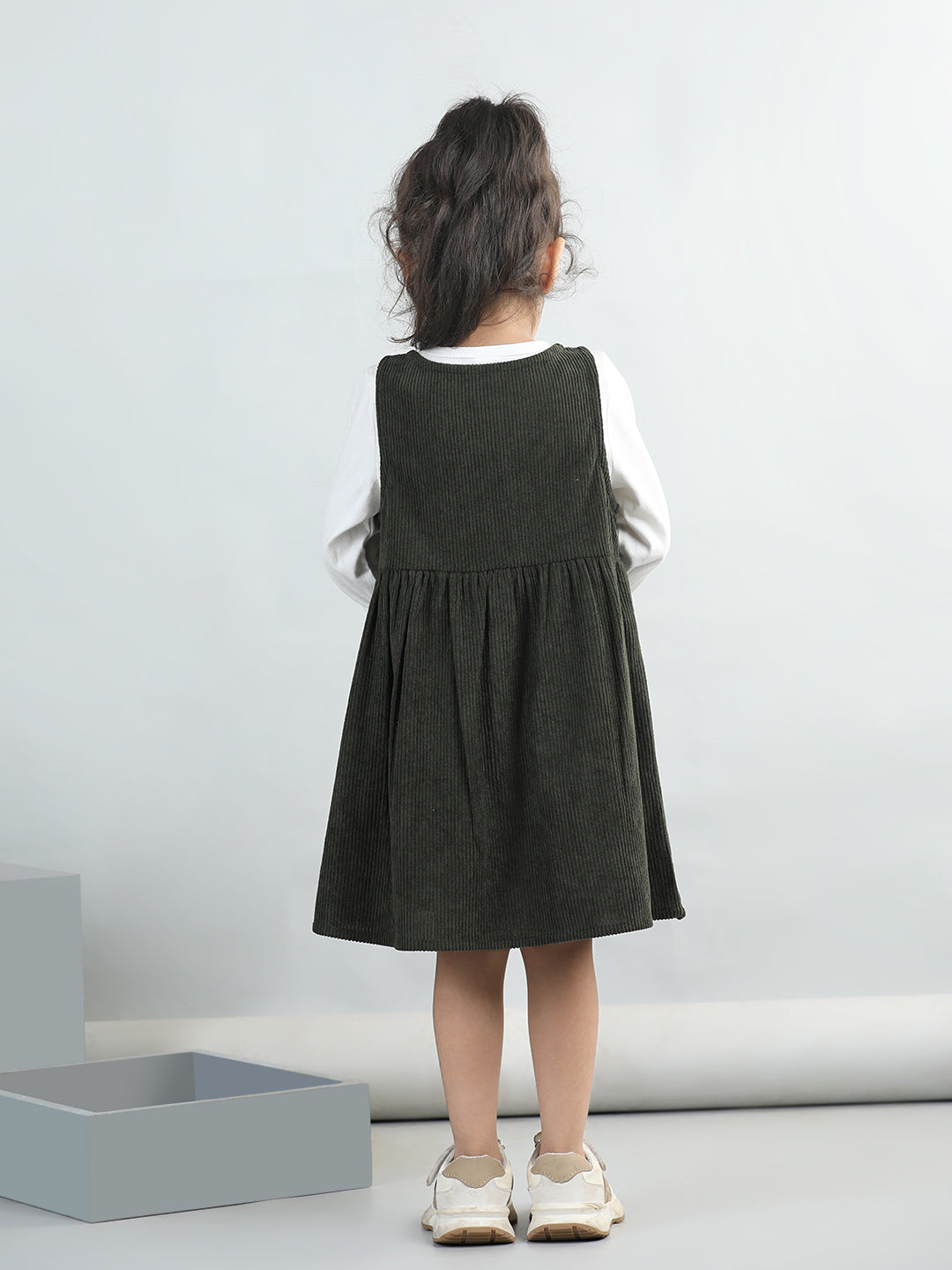 Corduroy Solid Dress With Full Sleeves Top