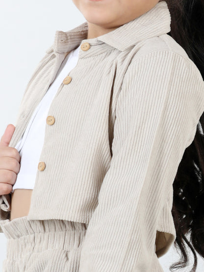 Corduory Full Sleeves Solid Shirt With Tee & Joggers For Autumn & Winter