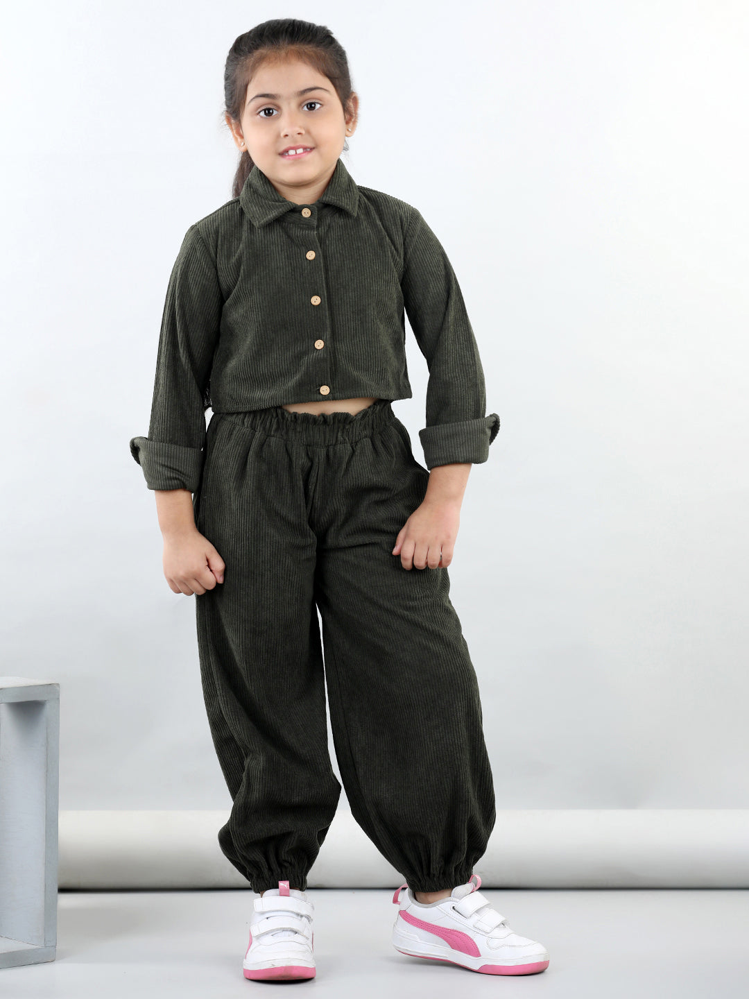 Corduroy Full Sleeves Solid Crop Shirt With Coordinating Joggers