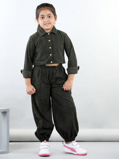 Corduroy Full Sleeves Solid Crop Shirt With Coordinating Joggers