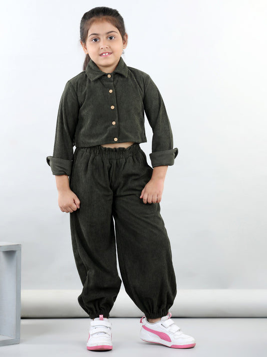 Corduroy Full Sleeves Solid Crop Shirt With Coordinating Joggers