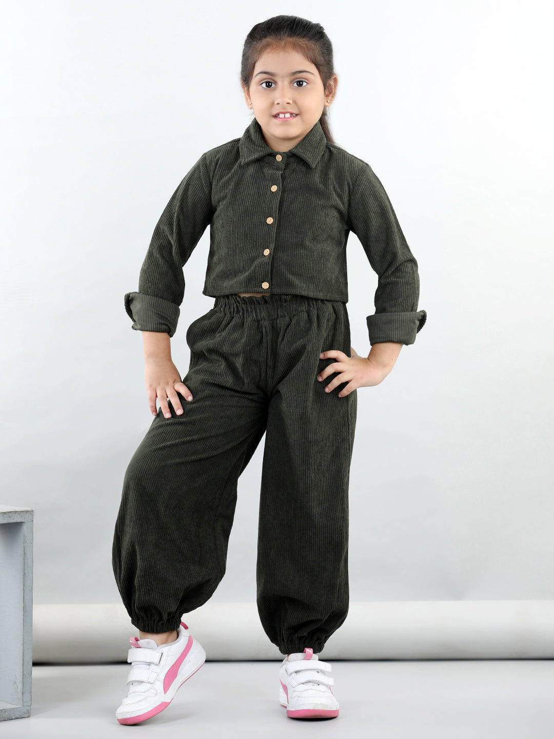 Corduroy Full Sleeves Solid Crop Shirt With Coordinating Joggers
