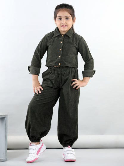 Corduroy Full Sleeves Solid Crop Shirt With Coordinating Joggers