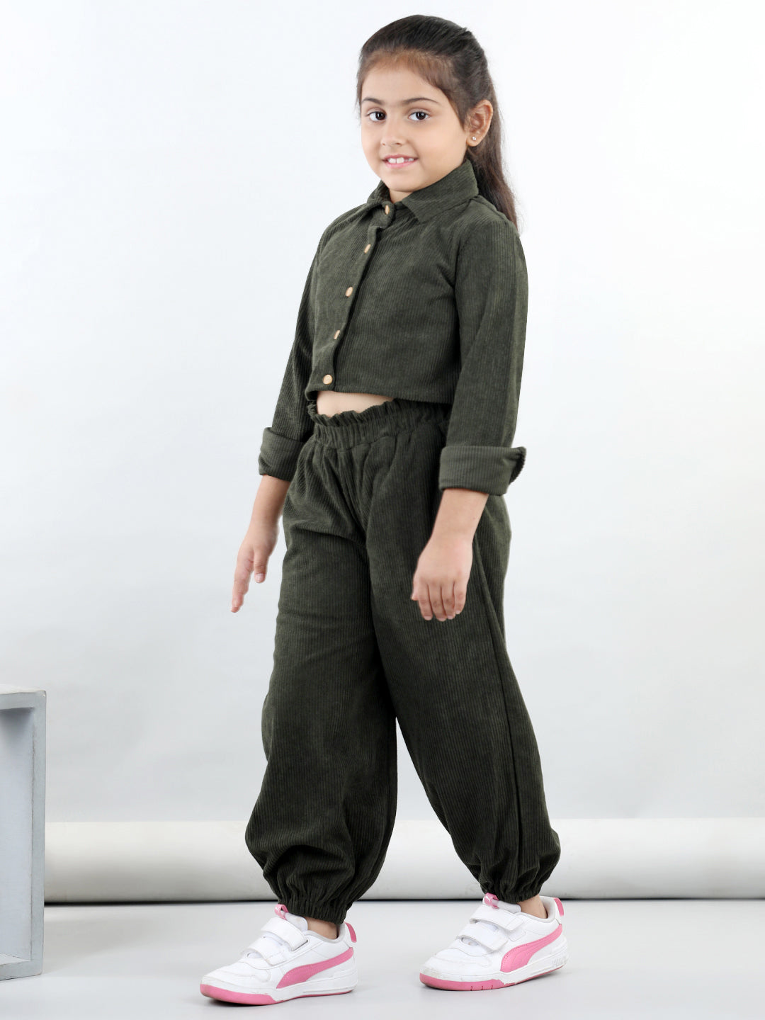 Corduroy Full Sleeves Solid Crop Shirt With Coordinating Joggers