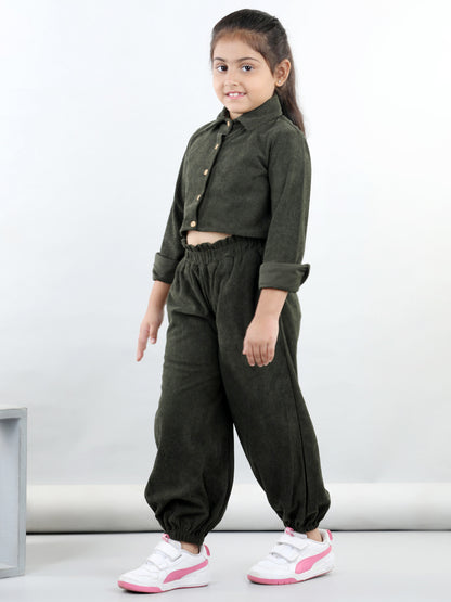 Corduroy Full Sleeves Solid Crop Shirt With Coordinating Joggers