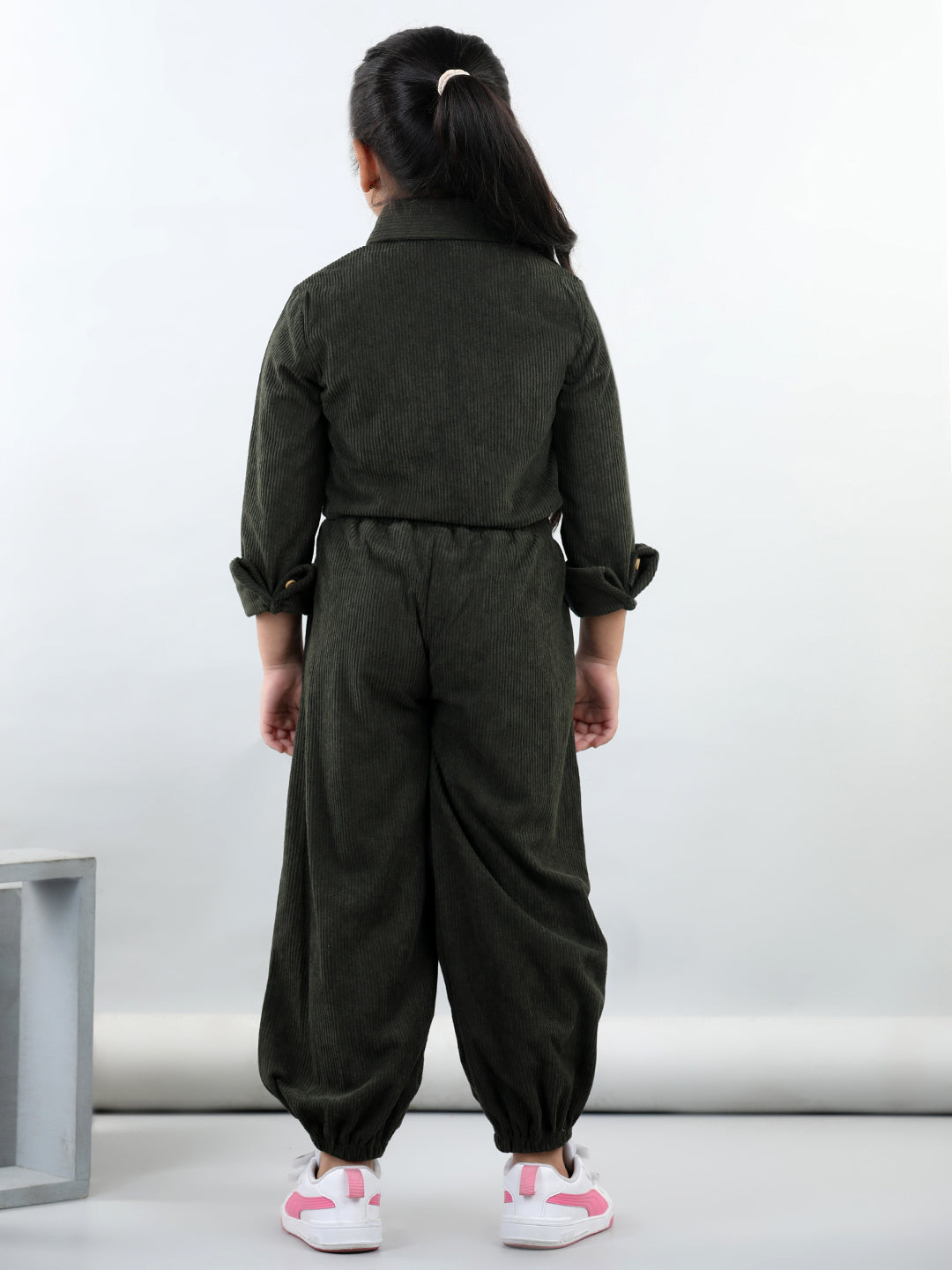 Corduroy Full Sleeves Solid Crop Shirt With Coordinating Joggers