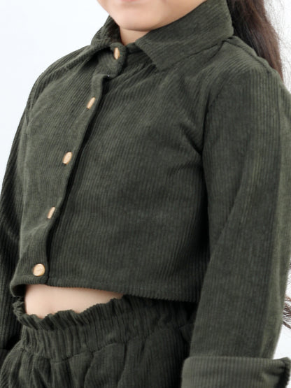Corduroy Full Sleeves Solid Crop Shirt With Coordinating Joggers