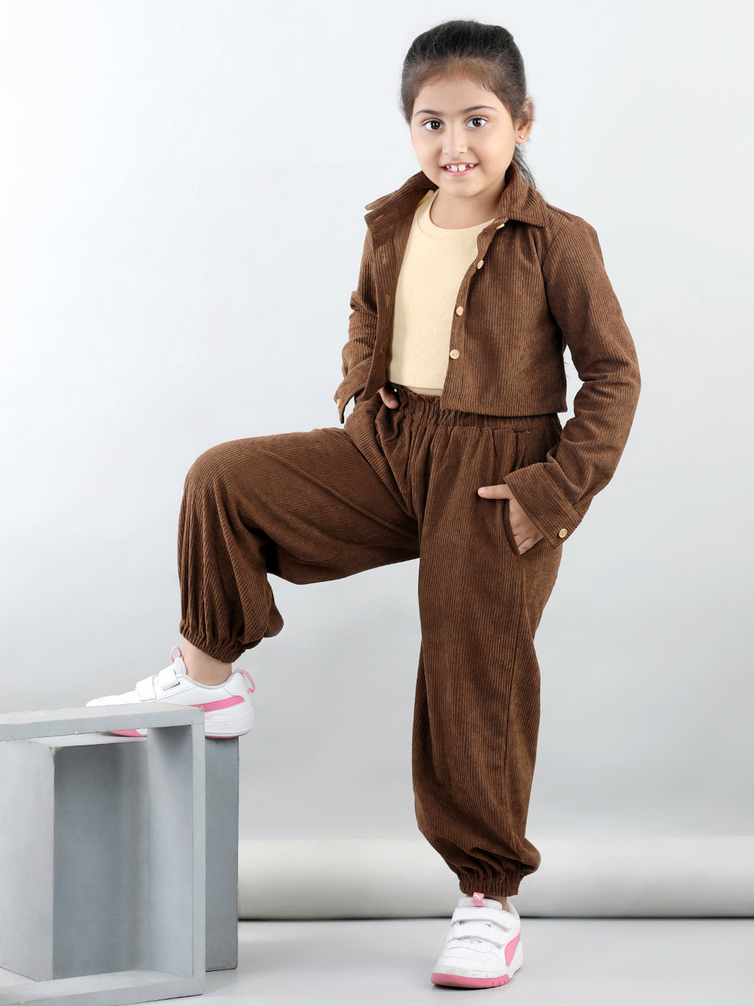 Corduroy Full Sleeves Solid Shirt With Tee & Joggers