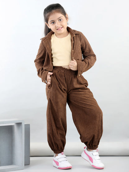 Corduroy Full Sleeves Solid Shirt With Tee & Joggers