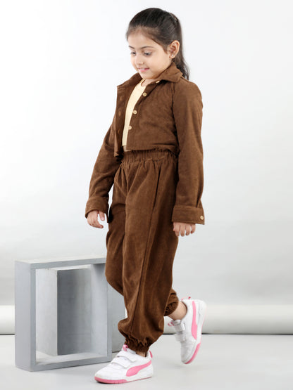 Corduroy Full Sleeves Solid Shirt With Tee & Joggers