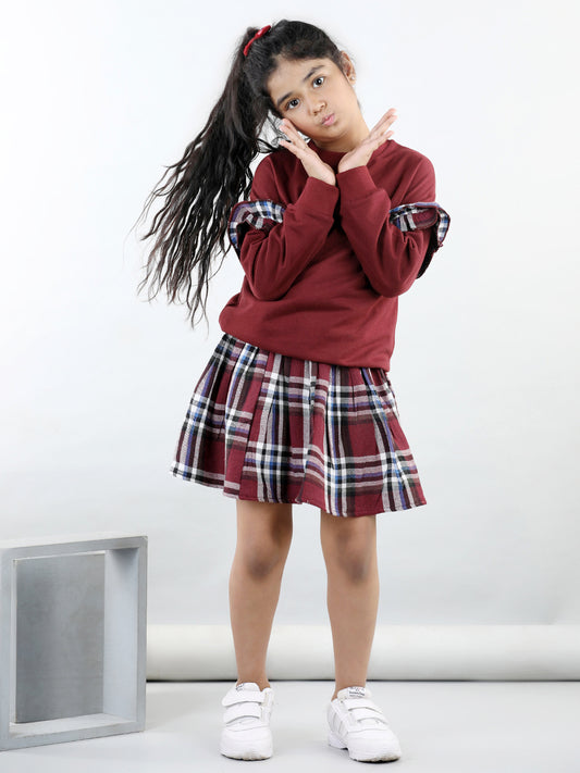Cotton Jersey Full Sleeves Solid Sweatshirt With Woolen Checked Tutu Skirt For Autumn & Winter