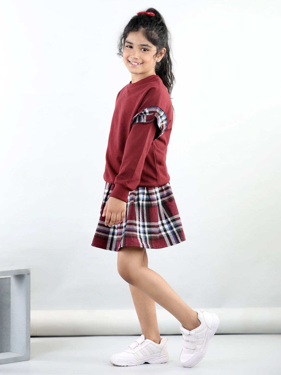 Cotton Jersey Full Sleeves Solid Sweatshirt With Woolen Checked Tutu Skirt For Autumn & Winter