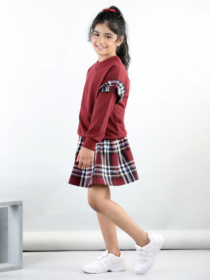 Cotton Jersey Full Sleeves Solid Sweatshirt With Woolen Checked Tutu Skirt For Autumn & Winter