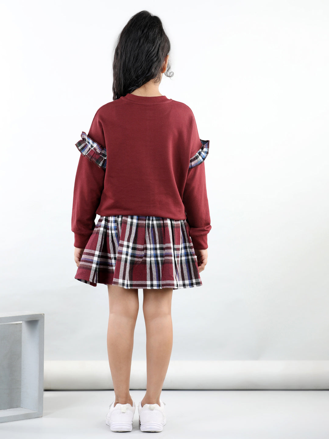 Cotton Jersey Full Sleeves Solid Sweatshirt With Woolen Checked Tutu Skirt For Autumn & Winter