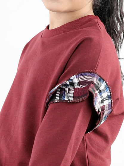 Cotton Jersey Full Sleeves Solid Sweatshirt With Woolen Checked Tutu Skirt For Autumn & Winter