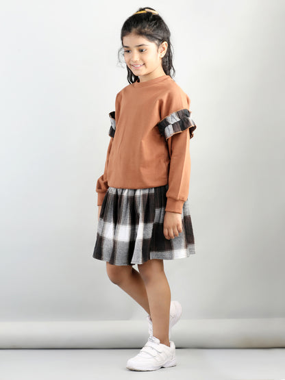 Cotton Jersey Full Sleeves Solid Sweatshirt With Woolen Checked Tutu Skirt For Autumn & Winter