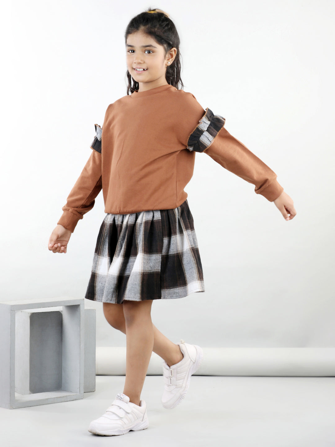 Cotton Jersey Full Sleeves Solid Sweatshirt With Woolen Checked Tutu Skirt For Autumn & Winter