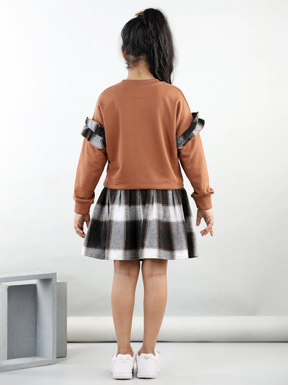 Cotton Jersey Full Sleeves Solid Sweatshirt With Woolen Checked Tutu Skirt For Autumn & Winter