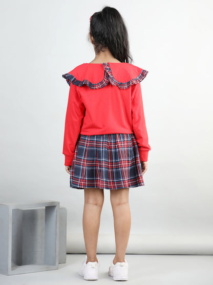 Cotton Jersey Full Sleeves Big Collar Style Sweatshirt With Woolen Checked Tutu Skirt For Autumn & Winter