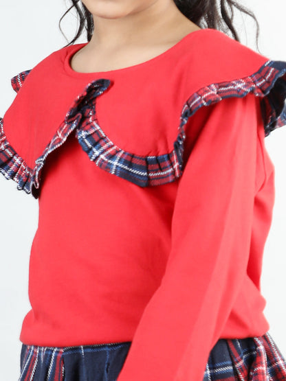 Cotton Jersey Full Sleeves Big Collar Style Sweatshirt With Woolen Checked Tutu Skirt For Autumn & Winter