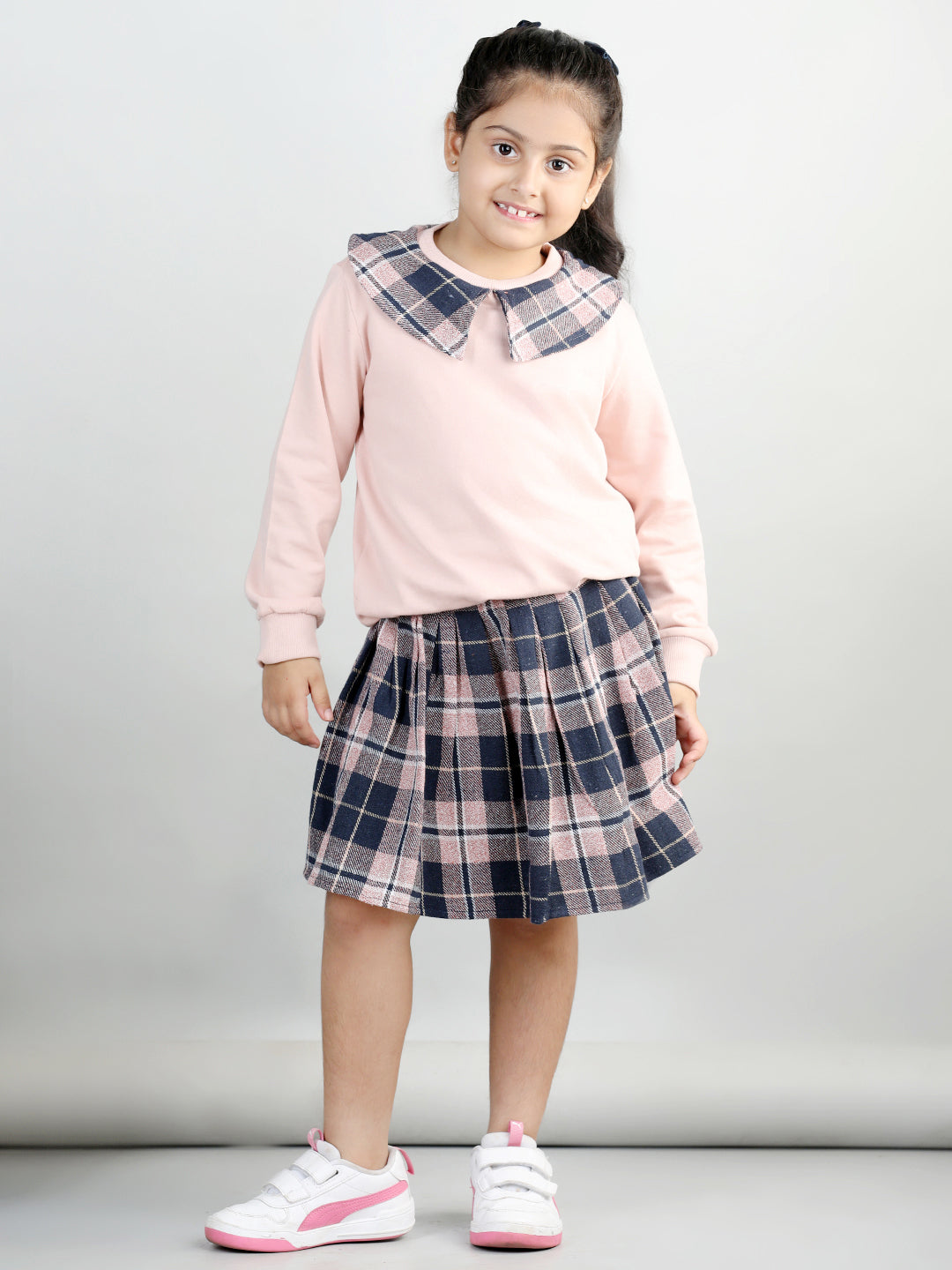 Cotton Jersey Full Sleeves Big Collar Style Sweatshirt With Woolen Checked Tutu Skirt For Autumn & Winter