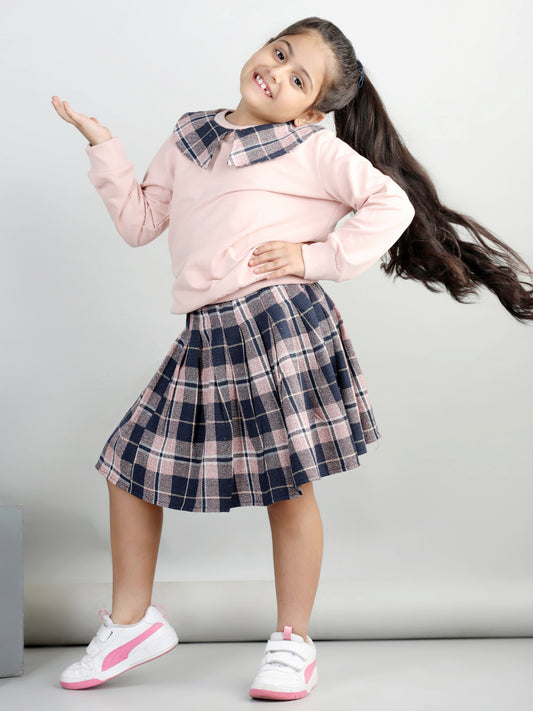 Cotton Jersey Full Sleeves Big Collar Style Sweatshirt With Woolen Checked Tutu Skirt For Autumn & Winter
