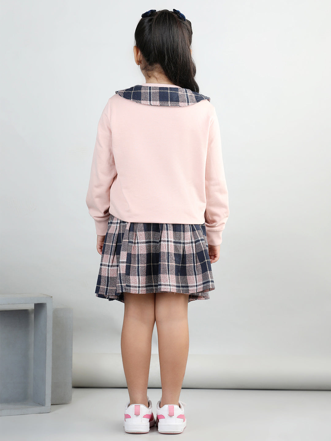Cotton Jersey Full Sleeves Big Collar Style Sweatshirt With Woolen Checked Tutu Skirt For Autumn & Winter