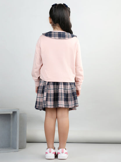 Cotton Jersey Full Sleeves Big Collar Style Sweatshirt With Woolen Checked Tutu Skirt For Autumn & Winter