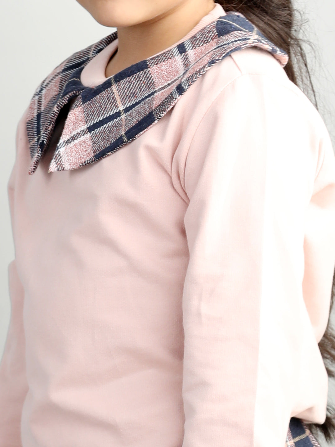 Cotton Jersey Full Sleeves Big Collar Style Sweatshirt With Woolen Checked Tutu Skirt For Autumn & Winter