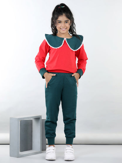 Cotton Jersey Big Collar Style Sweatshirt With 2 Side Pocket Joggers For Autumn & Winter - Red & Green