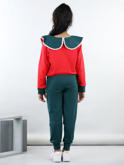Cotton Jersey Big Collar Style Sweatshirt With 2 Side Pocket Joggers For Autumn & Winter - Red & Green