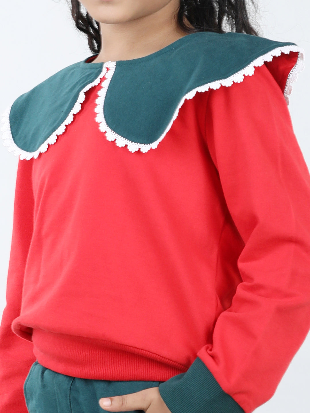 Cotton Jersey Big Collar Style Sweatshirt With 2 Side Pocket Joggers For Autumn & Winter - Red & Green