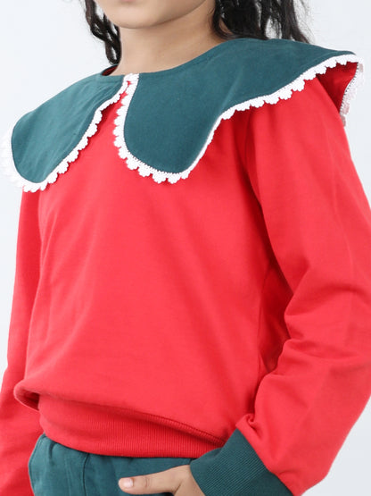 Cotton Jersey Big Collar Style Sweatshirt With 2 Side Pocket Joggers For Autumn & Winter - Red & Green