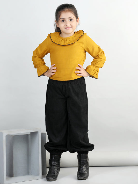 Corduroy Ruffle Full Sleeves Solid Top With 2 Side Pocket Bottom For Autumn & Winter