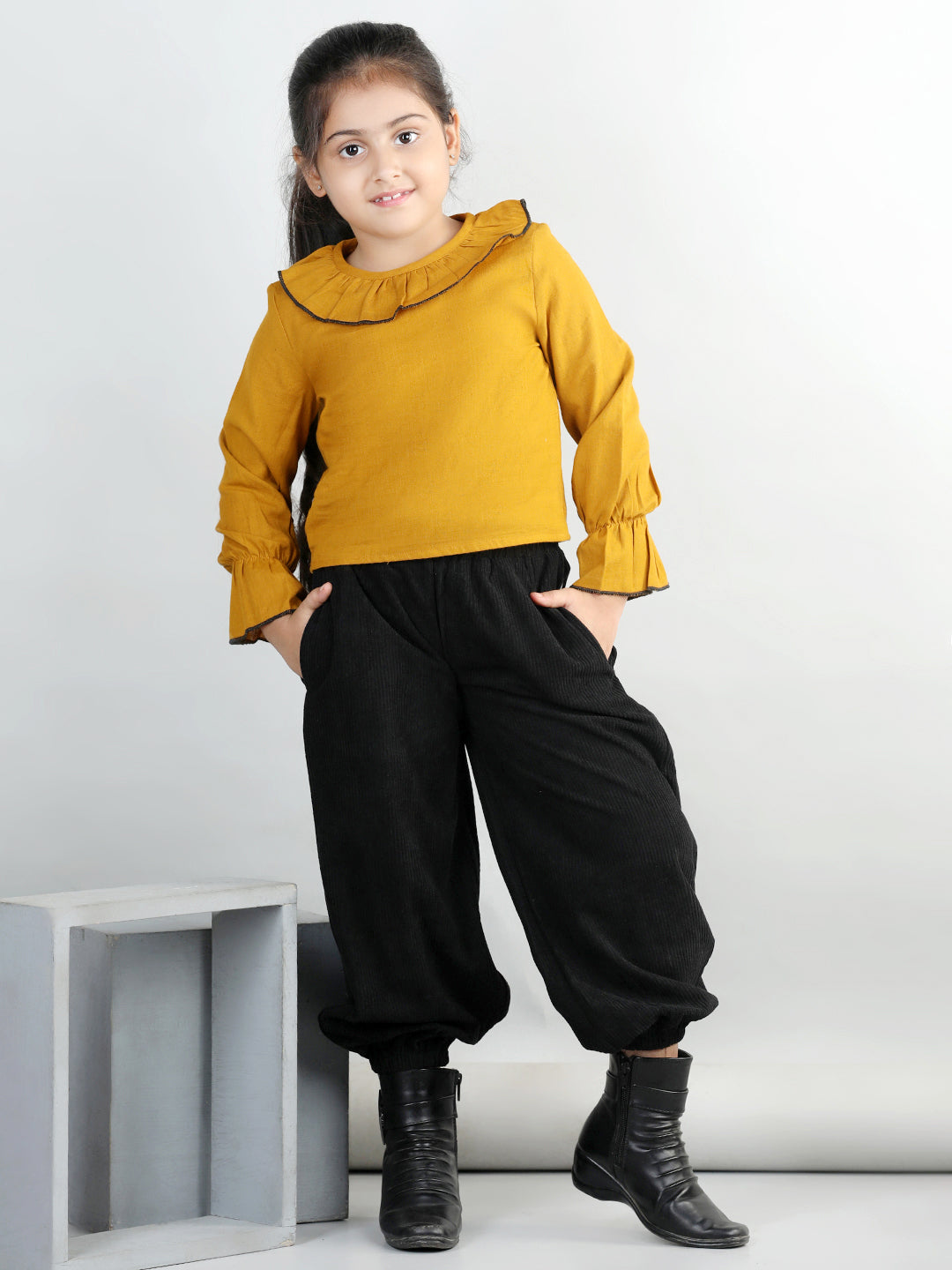 Corduroy Ruffle Full Sleeves Solid Top With 2 Side Pocket Bottom For Autumn & Winter