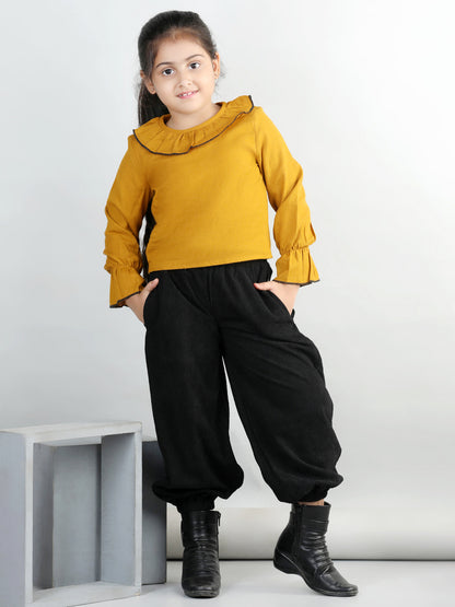 Corduroy Ruffle Full Sleeves Solid Top With 2 Side Pocket Bottom For Autumn & Winter