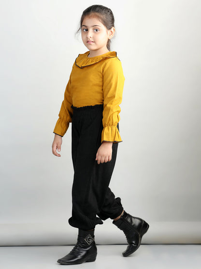 Corduroy Ruffle Full Sleeves Solid Top With 2 Side Pocket Bottom For Autumn & Winter