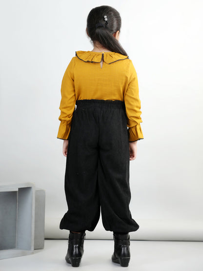 Corduroy Ruffle Full Sleeves Solid Top With 2 Side Pocket Bottom For Autumn & Winter