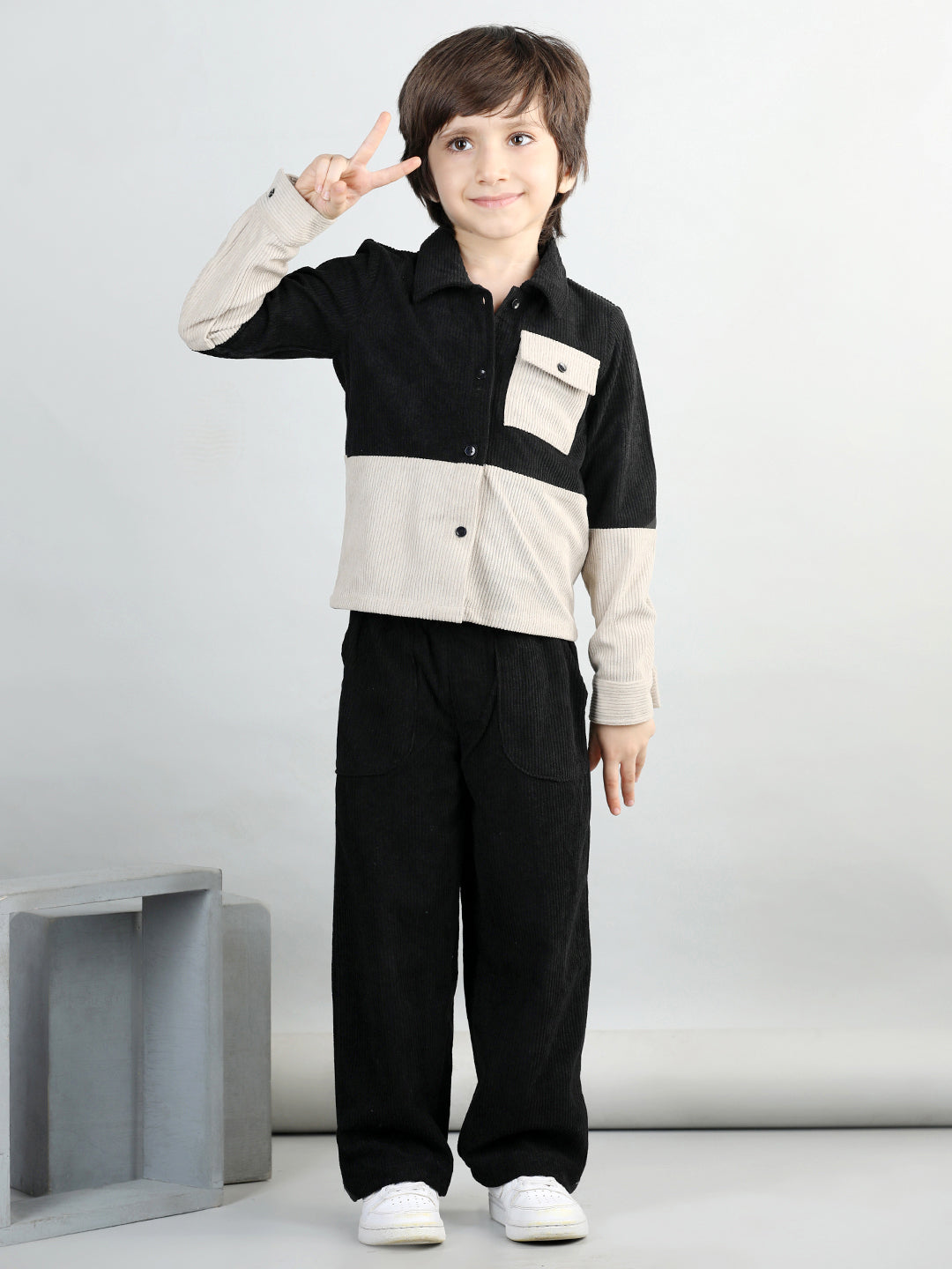 Corduroy Full Sleeves Colour Blocked Shirt With Solid Trousers