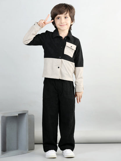 Corduroy Full Sleeves Colour Blocked Shirt With Solid Trousers