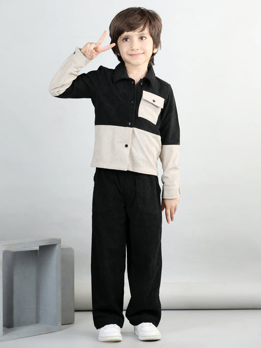 Corduroy Full Sleeves Colour Blocked Shirt With Solid Trousers