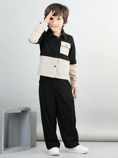 Corduroy Full Sleeves Colour Blocked Shirt With Solid Trousers