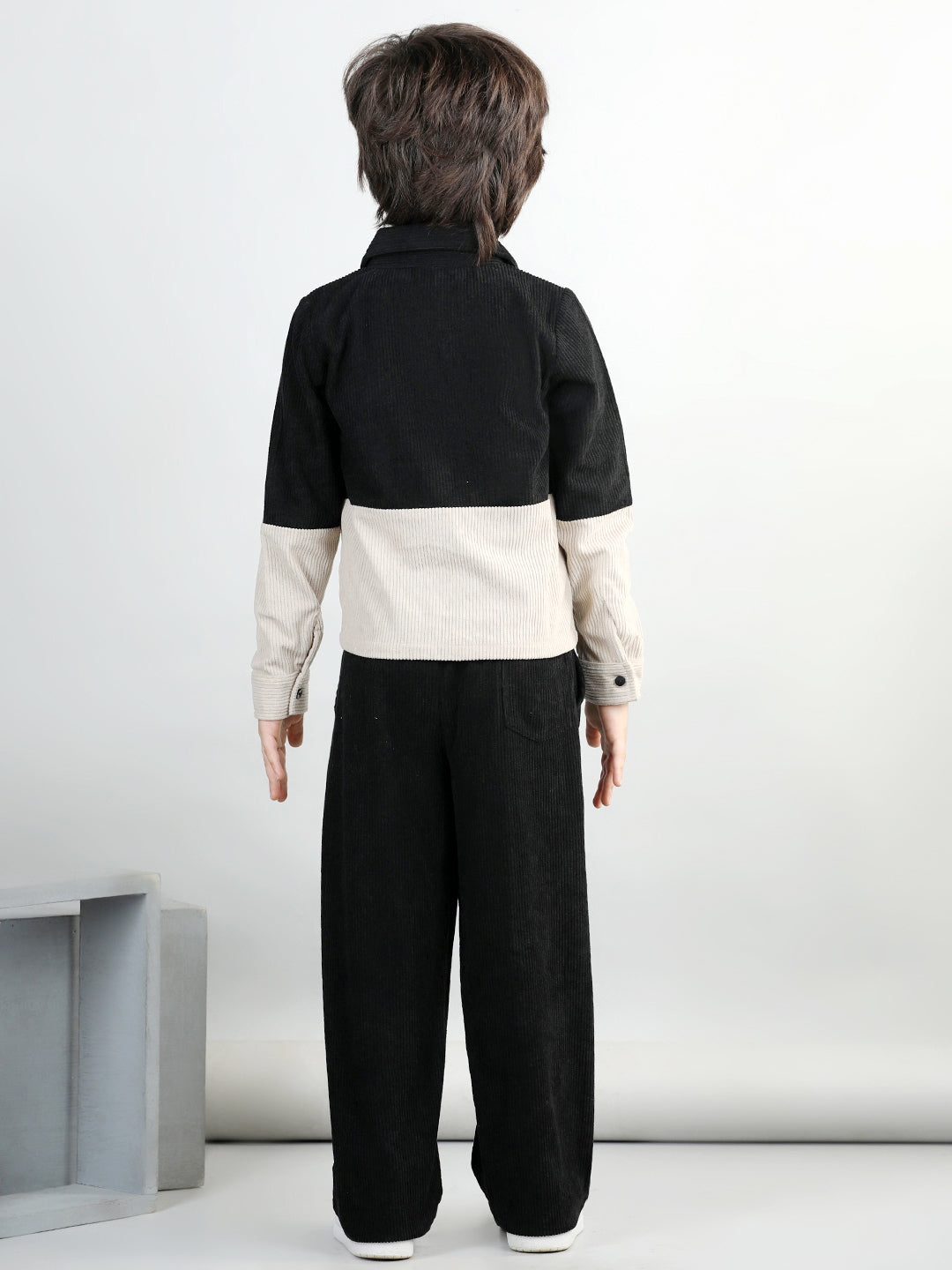 Corduroy Full Sleeves Colour Blocked Shirt With Solid Trousers