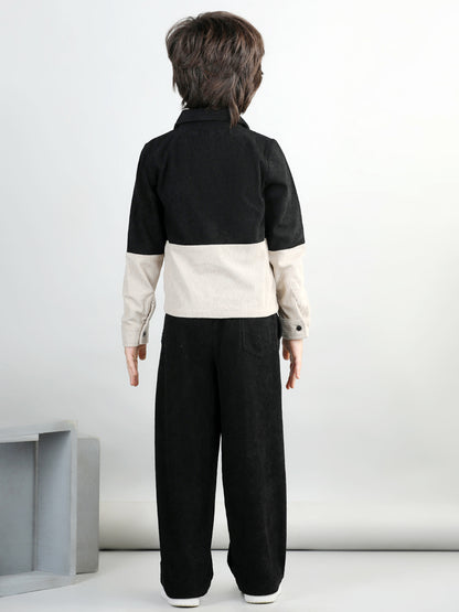 Corduroy Full Sleeves Colour Blocked Shirt With Solid Trousers