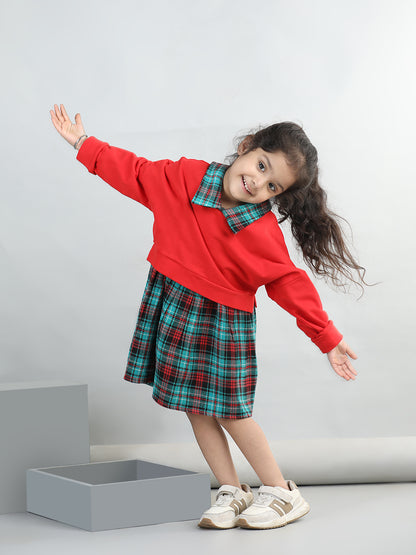 Checked Dress With Full Sleeves Solid Sweatshirt