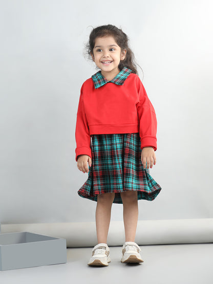 Checked Dress With Full Sleeves Solid Sweatshirt