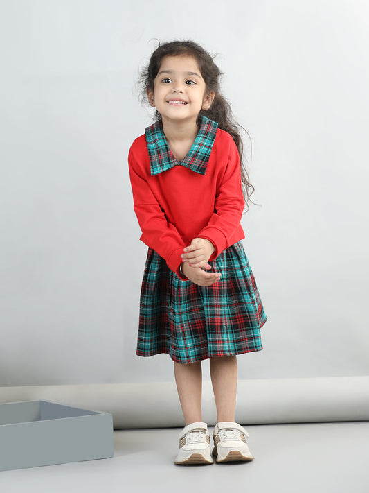 Checked Dress With Full Sleeves Solid Sweatshirt