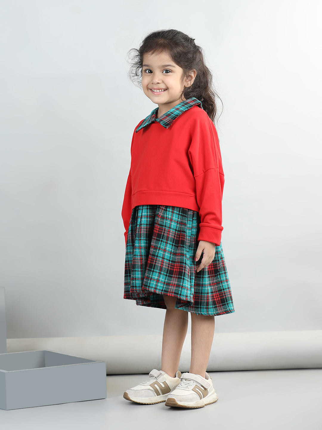 Checked Dress With Full Sleeves Solid Sweatshirt