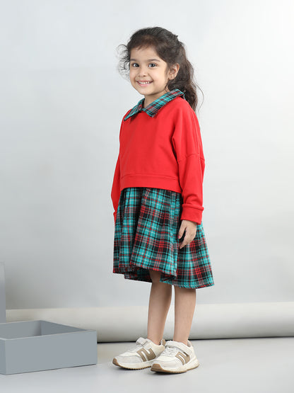 Checked Dress With Full Sleeves Solid Sweatshirt