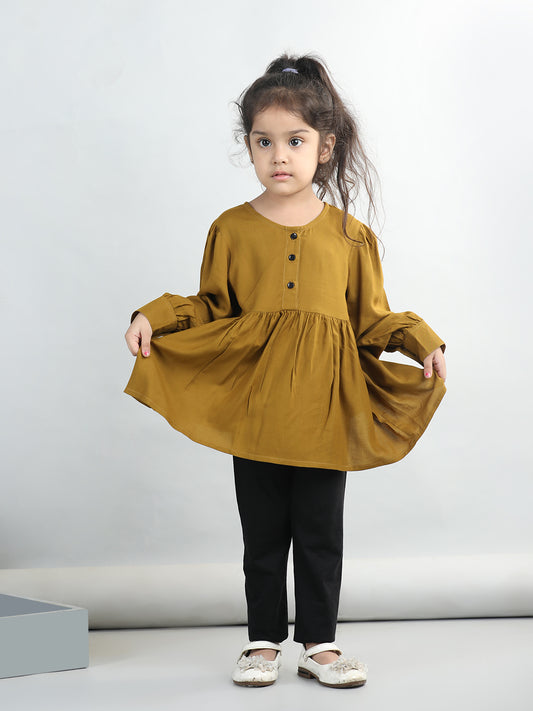 Cotton Rayon Full Puffed Sleeves Solid Top & Leggings Set